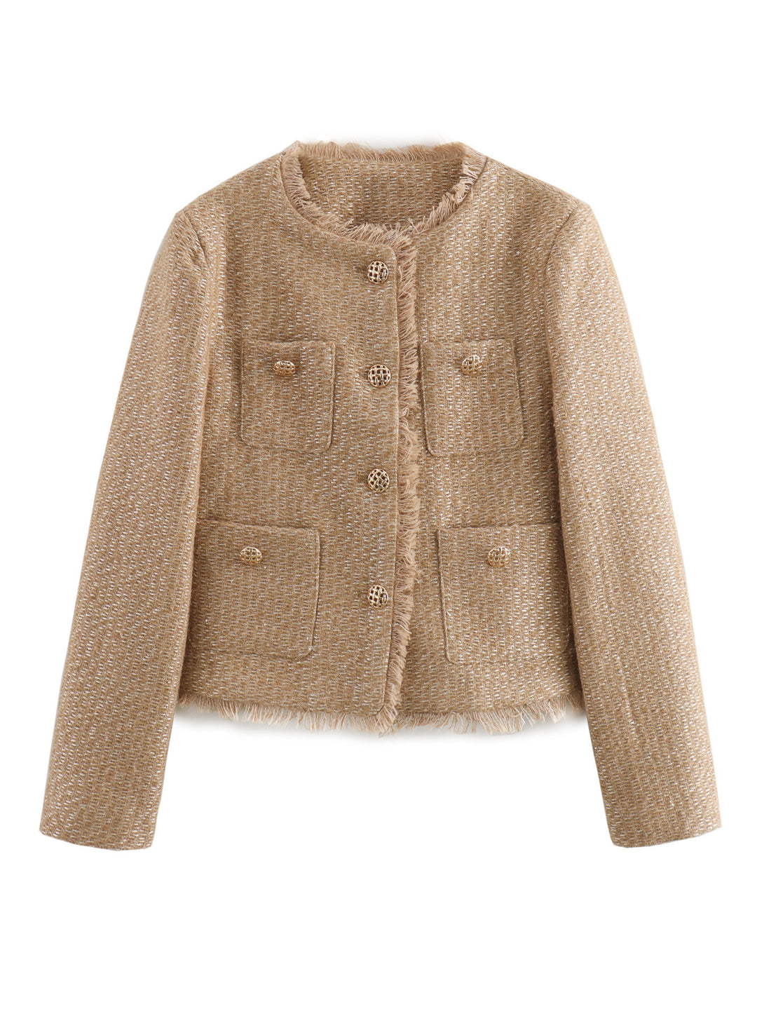 Damen elegante Tweed-Jacke mit Fransen und dekorativen Knöpfen Drune