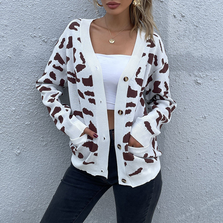 Damen modischer Strickcardigan mit tierischem Muster und Knopfdetails Drune