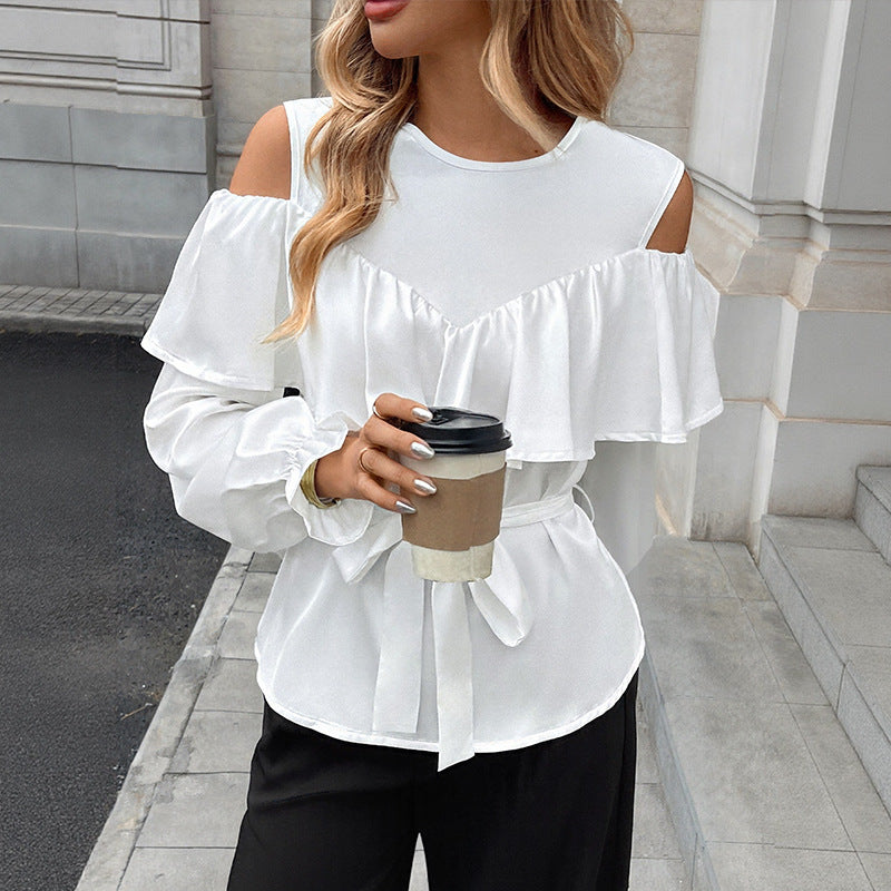 Damen Bluse mit auffälligen Rüschendetails und taillierbarem Bindegürtel Drune