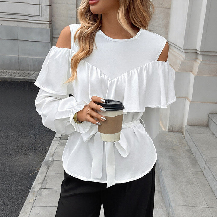 Damen Bluse mit auffälligen Rüschendetails und taillierbarem Bindegürtel Drune