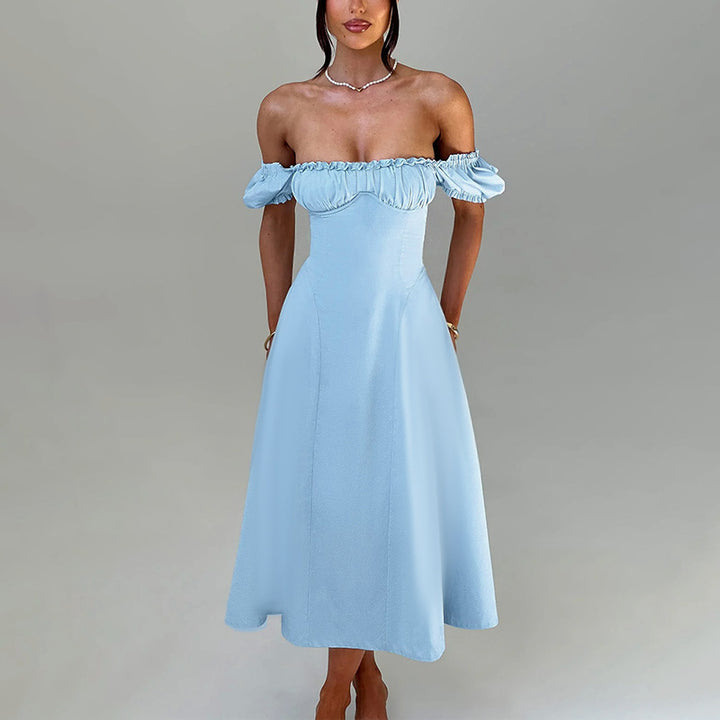 Damen Maxi-Kleid mit voluminösen Puffärmeln und elastischem Ausschnitt Drune