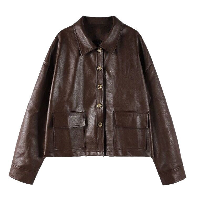 Damen Kurze Lederjacke mit dekorativen Knopfdetails Drune