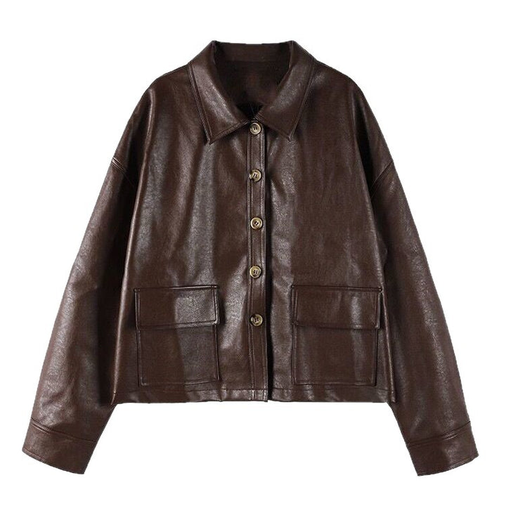 Damen Kurze Lederjacke mit dekorativen Knopfdetails Drune