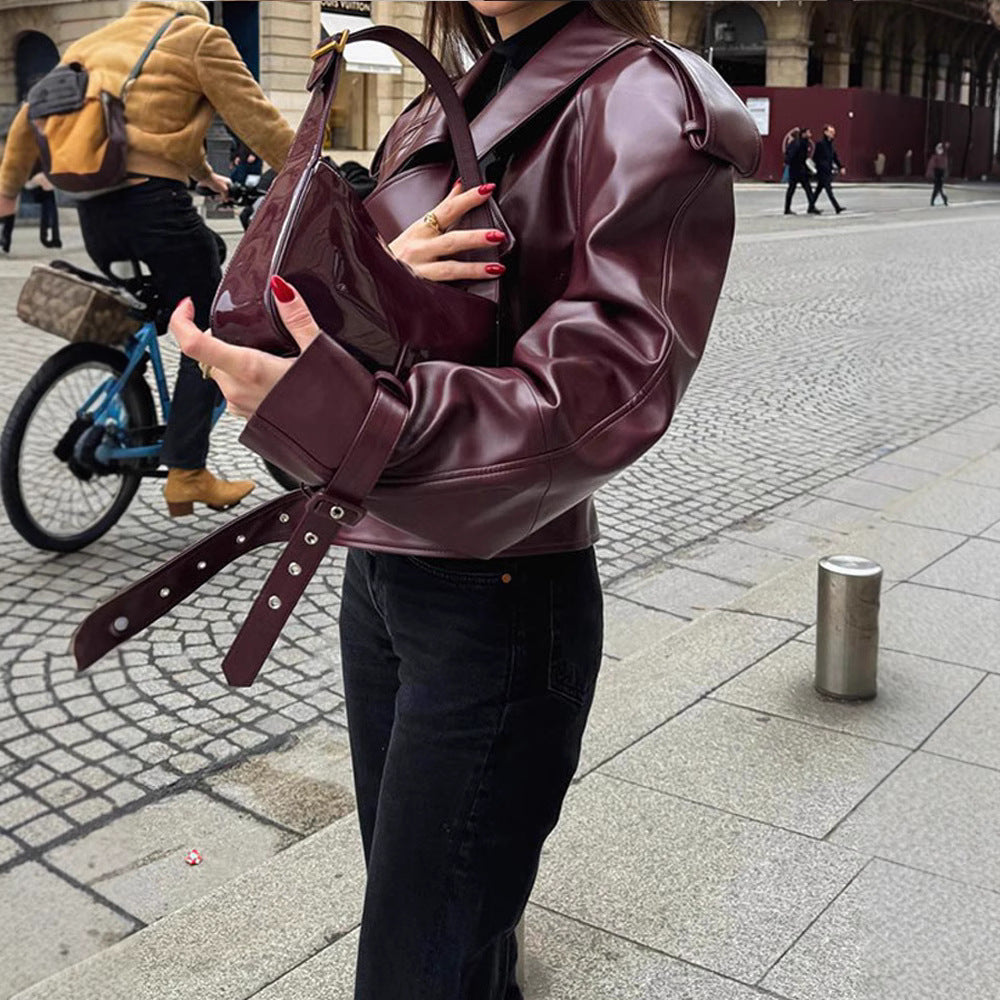 Damen Oversize Kunstlederjacke mit markantem Kragen und strukturiertem Design Drune