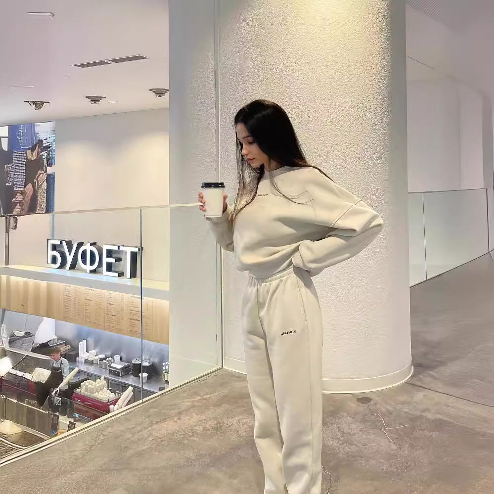 Damen nan Oversized kurz geschnittenes Sweatshirt mit High Waist Fleece Jogginghose Set Drune