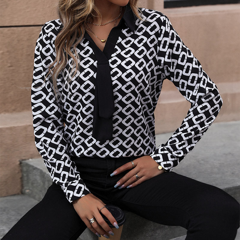 Damen Bluse mit grafischem Muster und eleganter Schleifenbindung Drune