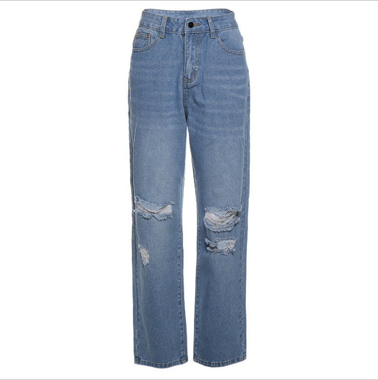 Damen lockere High-Waist Destroyed Jeans Drune