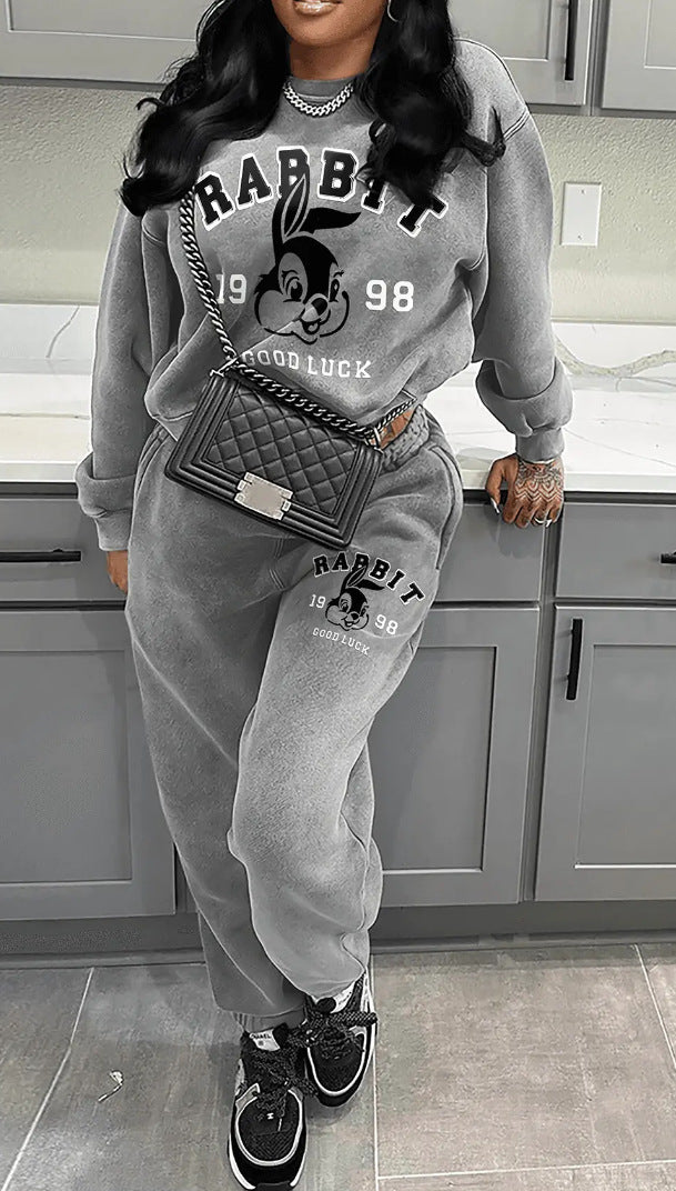 Damen Kuscheliges Sweatshirt und bequeme Jogginghose Set mit kreativen Druckdetails Drune