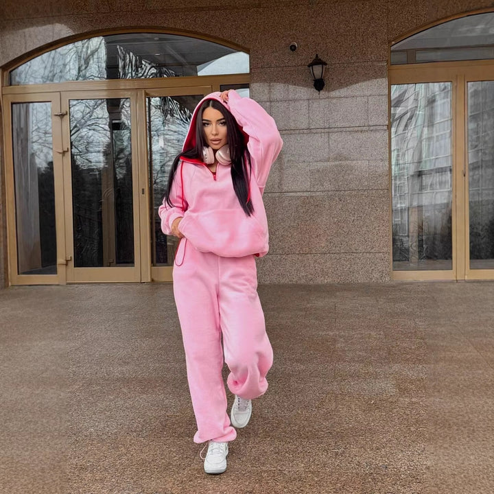 Damen kuscheliger Fleece-Jogginganzug mit hohem Kragen undKordelzug Drune