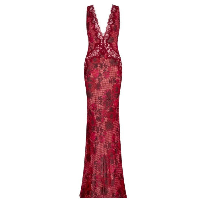 Damen nan figurbetontes Maxikleid im Meerjungfrauen-Schnitt mit tiefem V-Ausschnitt und floraler Spitzenapplikation Drune