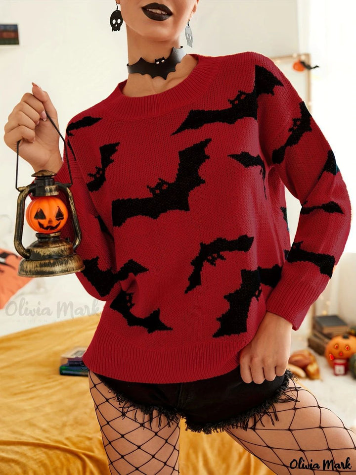 Damen Halloween Pullover mit lustigem Fledermaus-Muster Drune