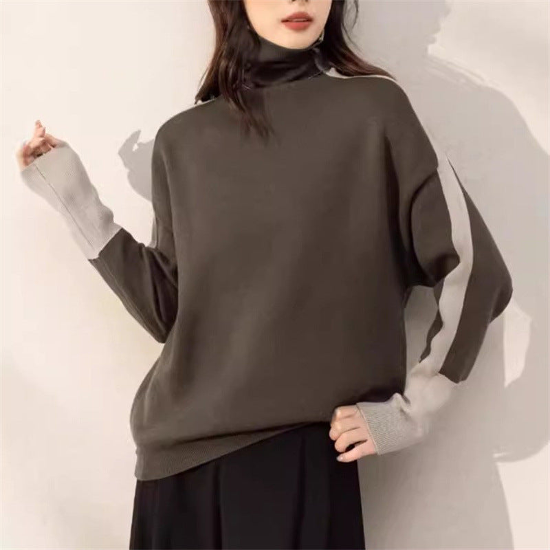 Damen Oversized Pullover mit modernem Rollkragen und kontrastierenden Ärmelakzenten Drune