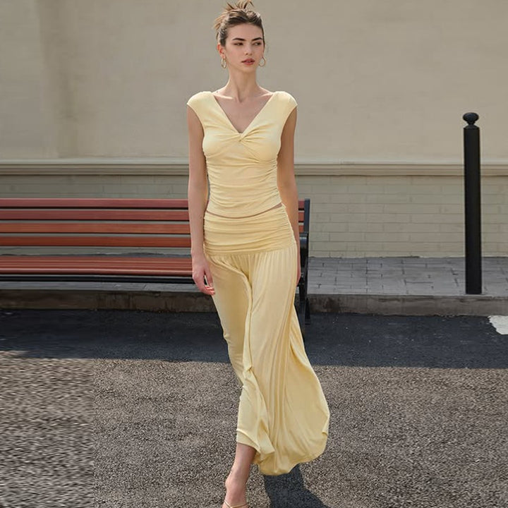 Damen Fließendes Maxikleid mit Raffungen und V-Ausschnitt Drune