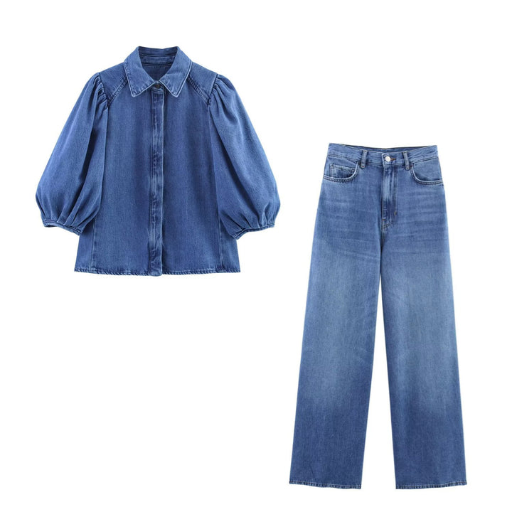 Damen luftige und strukturierte Bluse mit Balloonärmeln und weiten Jeans Drune