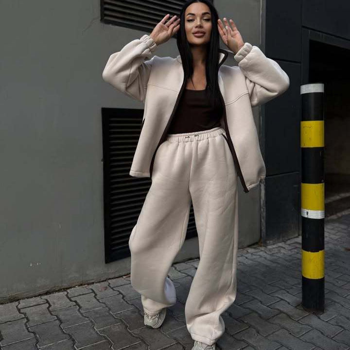 Damen Modischer Fleece-Jogginganzug mit hohem Kragen und Kängurutasche Drune