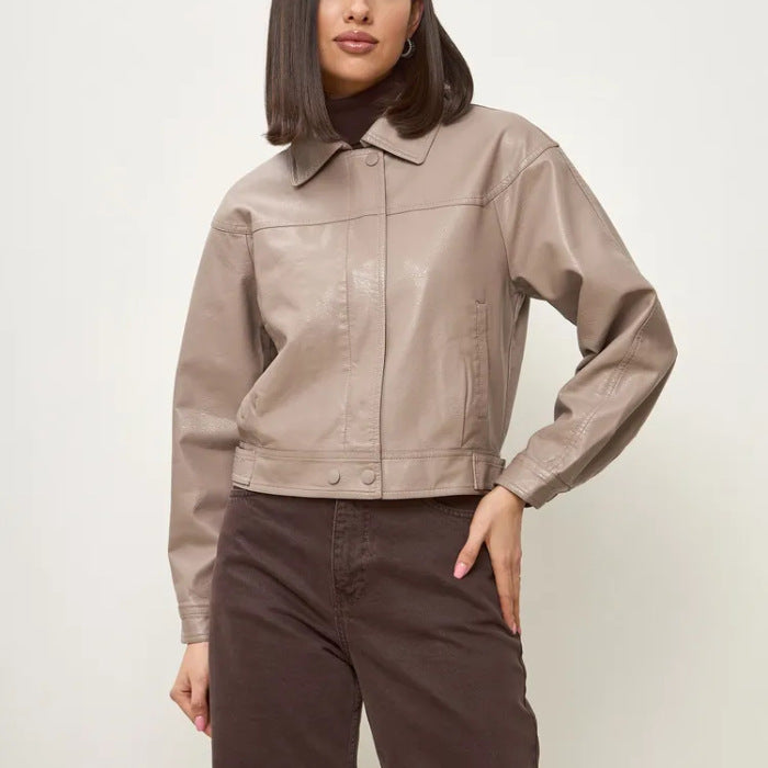 Damen modische cropped Kunstlederjacke mit eleganten Details Drune
