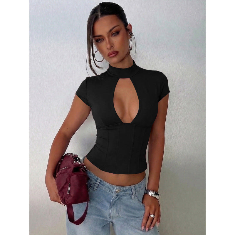 Damen figurbetontes Oberteil mit hochgeschlossenem Design und Cut-Out Akzent Drune