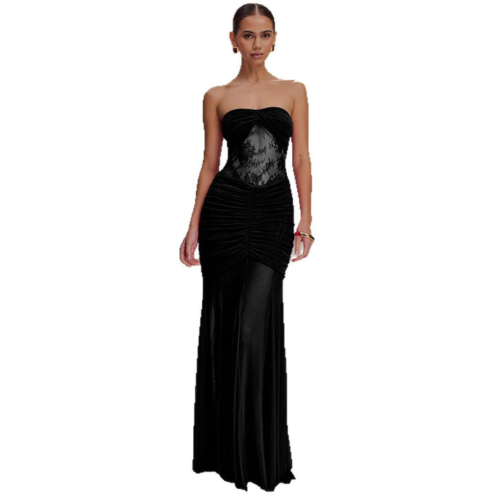 Damen Strapless Maxikleid mit raffinierten Drapierungen und Spitzen-Mix Drune