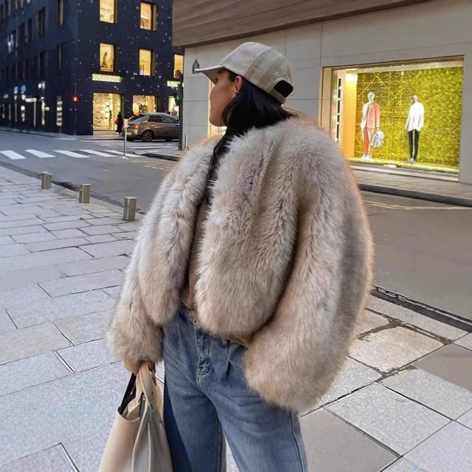 Damen luxuriöse Plüschjacke mit V-Ausschnitt Drune