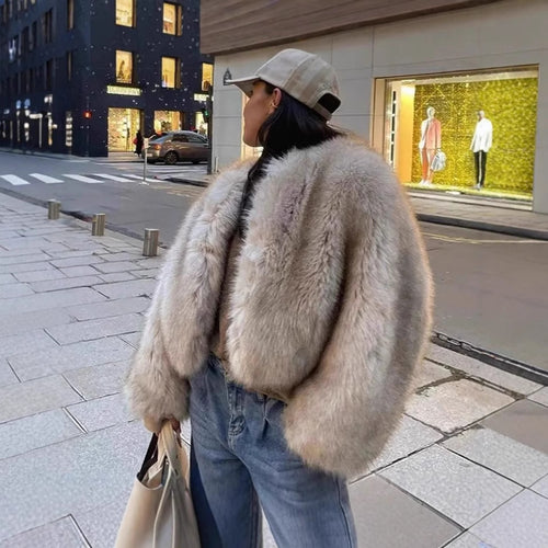Damen luxuriöse Plüschjacke mit V-Ausschnitt Drune