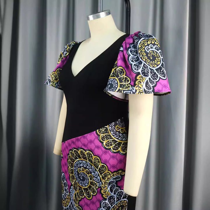 Damen figurbetontes Kleid mit bunten Puffärmeln und asymmetrischem Design Drune