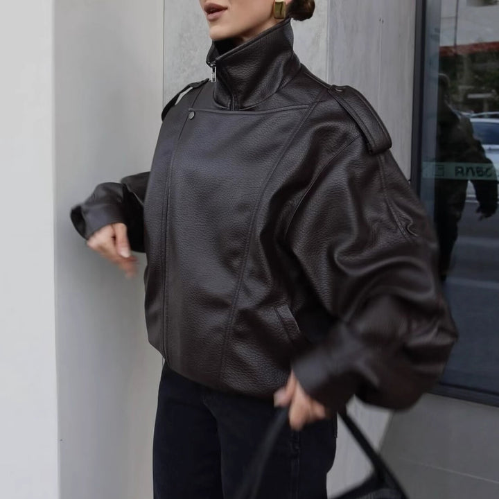 Damen lässige Kunstleder Bikerjacke mit praktischen Taschen und elastischem Bund Drune