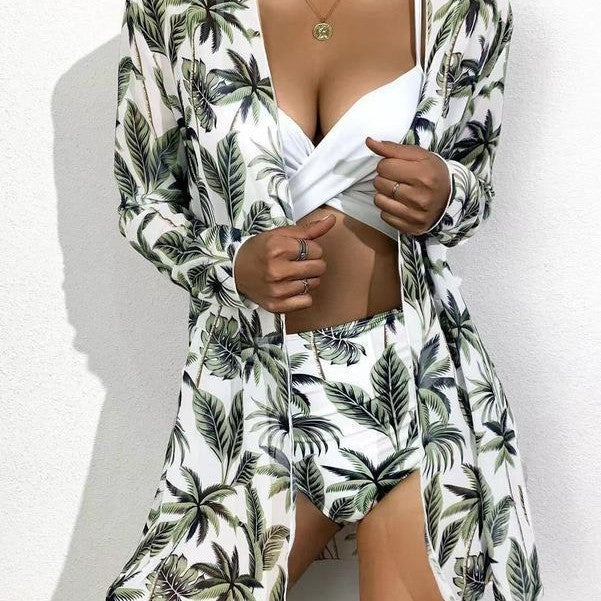 Damen Bikiniset mit floralem Kimono und hoch geschnittenem Oberteil Drune