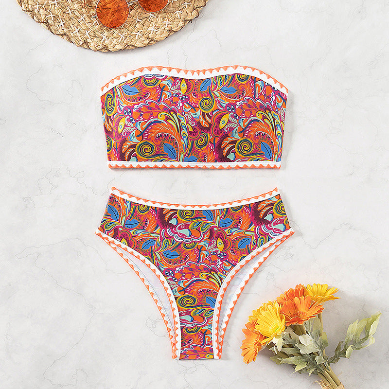 Damen Bandeau-Bikini mit buntem Psychedelic-Design und eleganten Rüschen Drune
