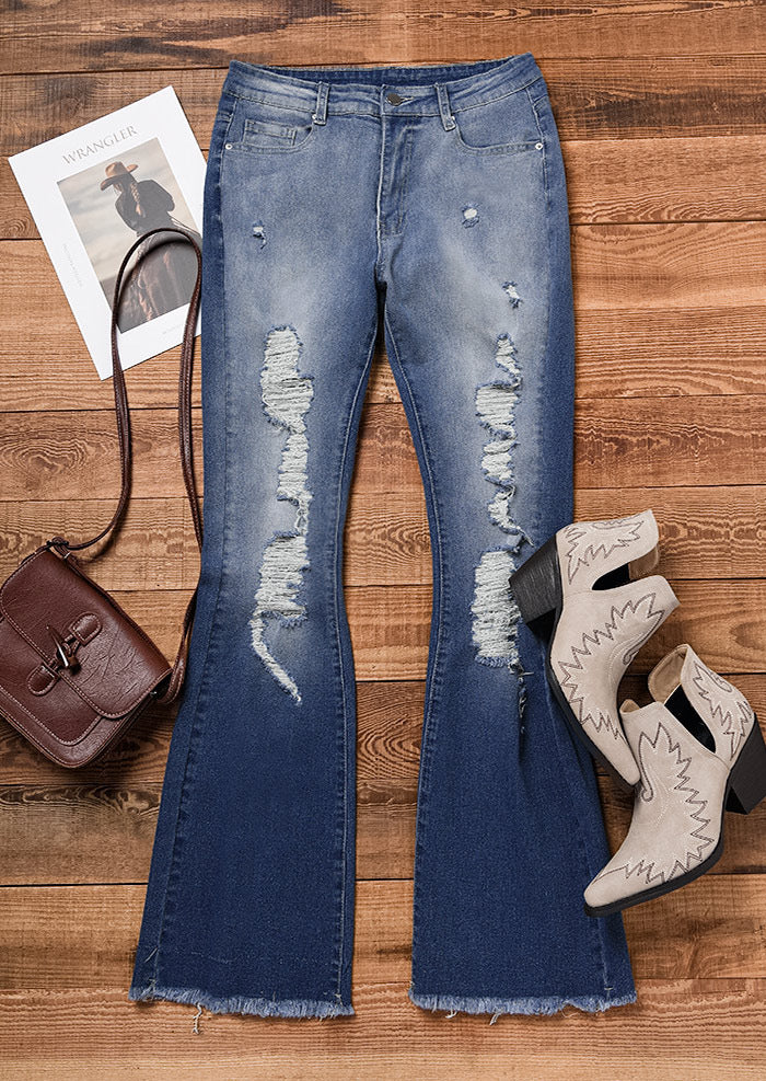 Damen Flared Jeans mit Destroyed-Effekten und fransigem Saum Drune