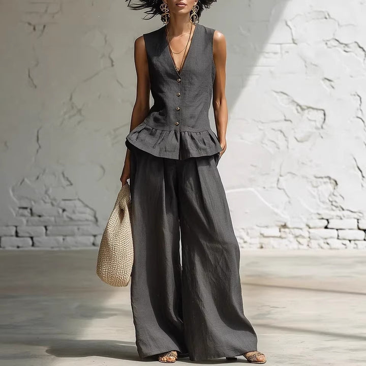 Damen lässiger Jumpsuit mit peplum Schnitt und Knopfdetails Drune