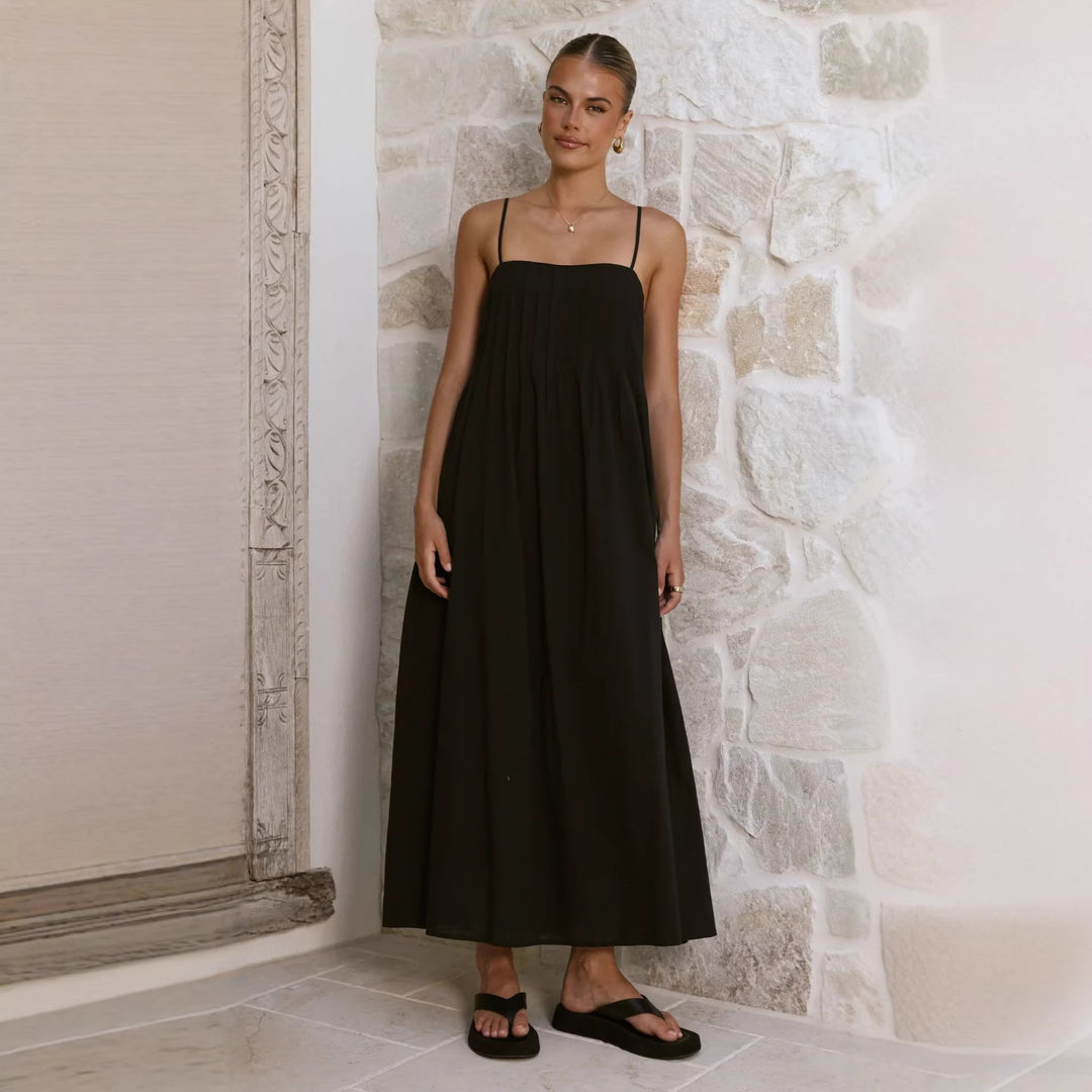 Damen Maxikleid mit gerafftem Oberteil und spaghettiträgern Drune