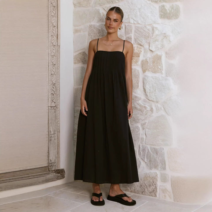 Damen Maxikleid mit gerafftem Oberteil und spaghettiträgern Drune
