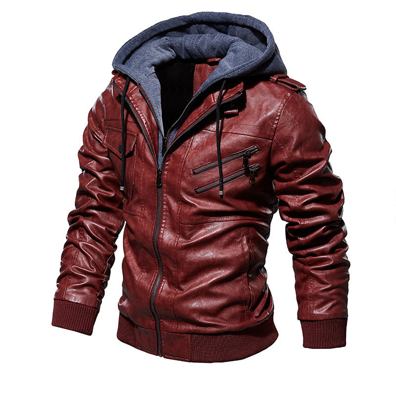 Herren lässige Kunstlederjacke mit abnehmbarer Kapuze und zahlreichen Taschen Drune