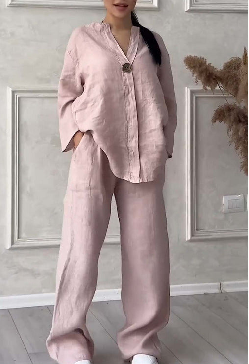 Damen nan lässiges Leinen-Relax-Set mit weiter Hose und Hemdbluse Drune