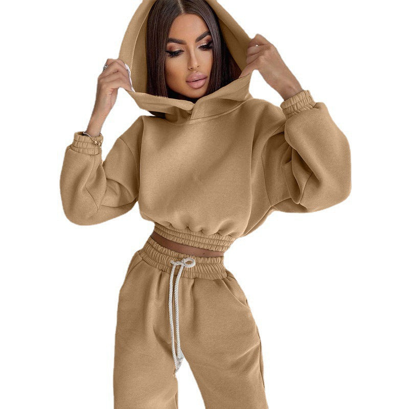 Damen Lässiges Sweat-Loungewear-Set mit cropped Kapuzenpullover und bequemen Hosen Drune