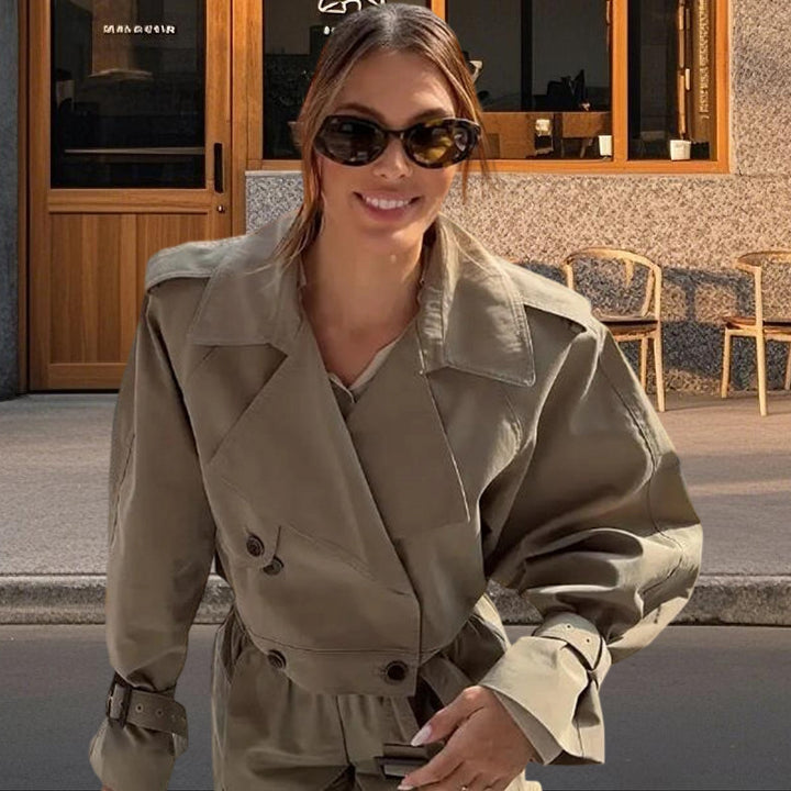 Damen Modische Trenchcoat-Jacke mit voluminösen Ärmeln und Gürtel Drune