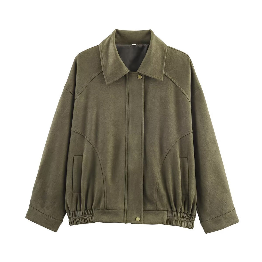 Damen lässige Wildlederjacke mit elastischem Bund und seitlichen Taschen Drune