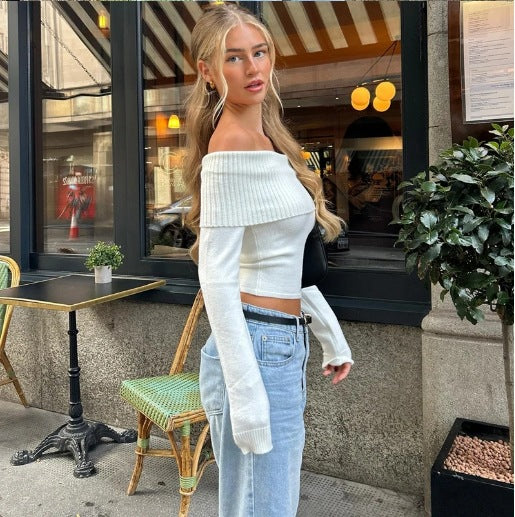 Damen Off-Shoulder Oberteil mit rippierter Struktur und figurbetonter Passform Drune