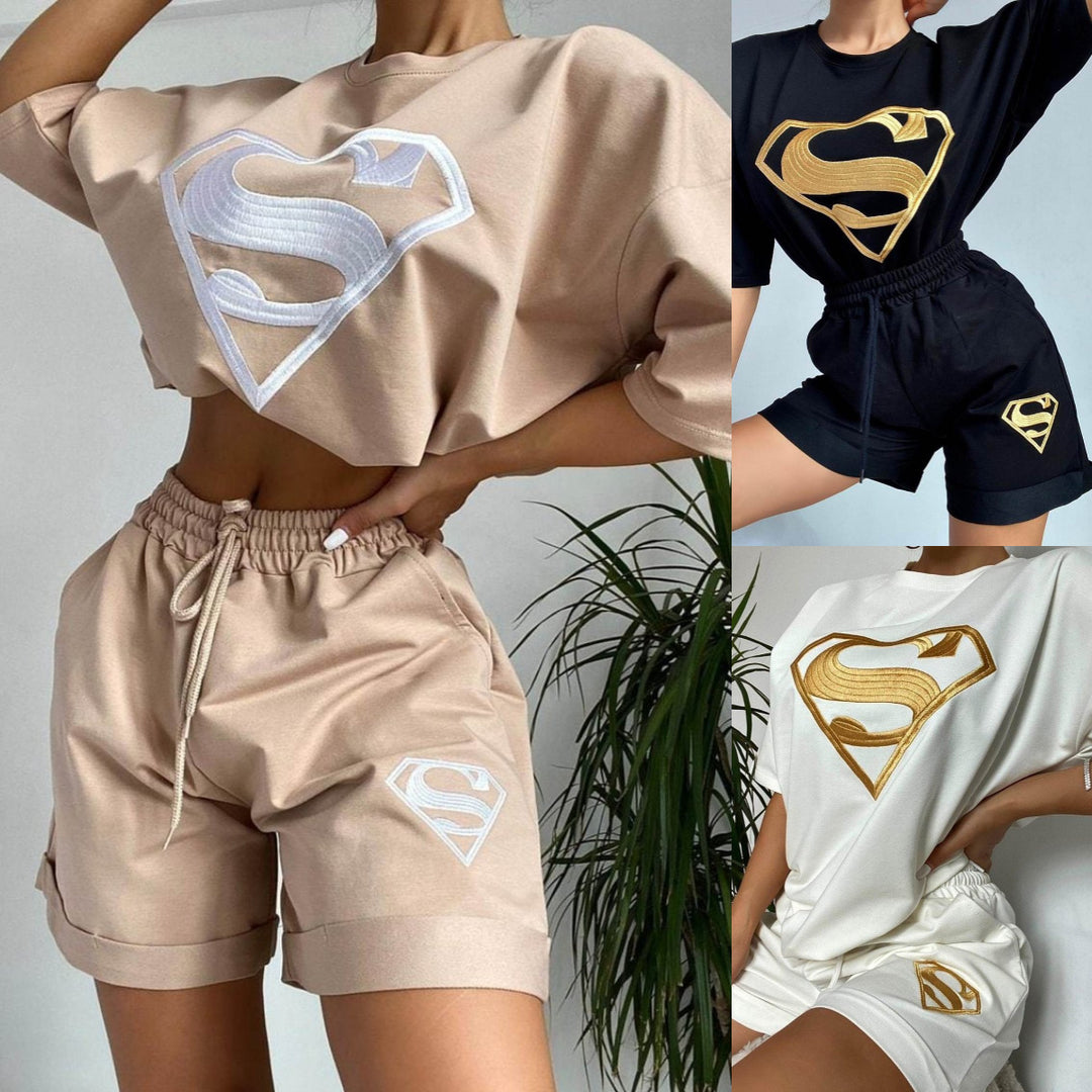 Damen sportliches Kurzarm-Shirt und Shorts-Set mit exklusivem Logo-Design Drune