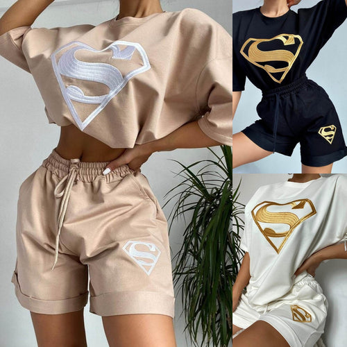 Damen sportliches Kurzarm-Shirt und Shorts-Set mit exklusivem Logo-Design Drune