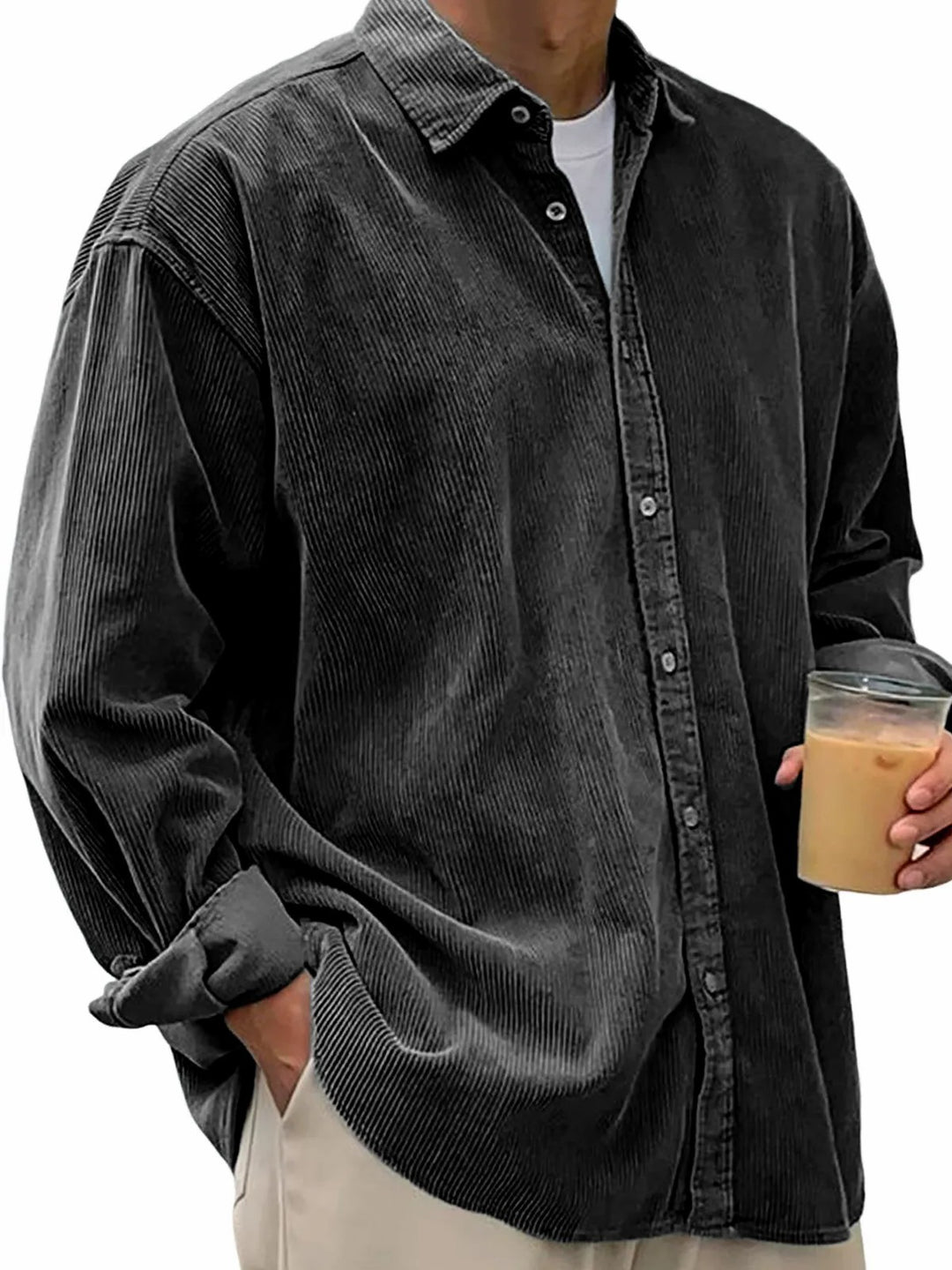 Herren nan langärmliges Oversize-Cordhemd mit Hemdkragen und durchgehender Knopfleiste Drune