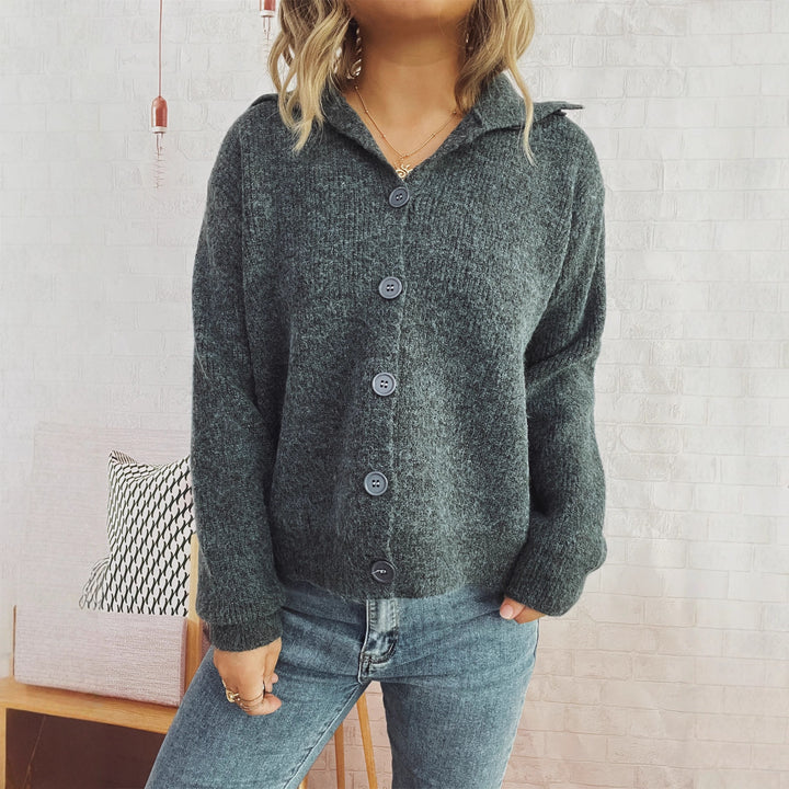 Damen gemütliche Strickjacke mit Kragen und Knopfverschluss Drune