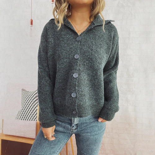 Damen gemütliche Strickjacke mit Kragen und Knopfverschluss Drune
