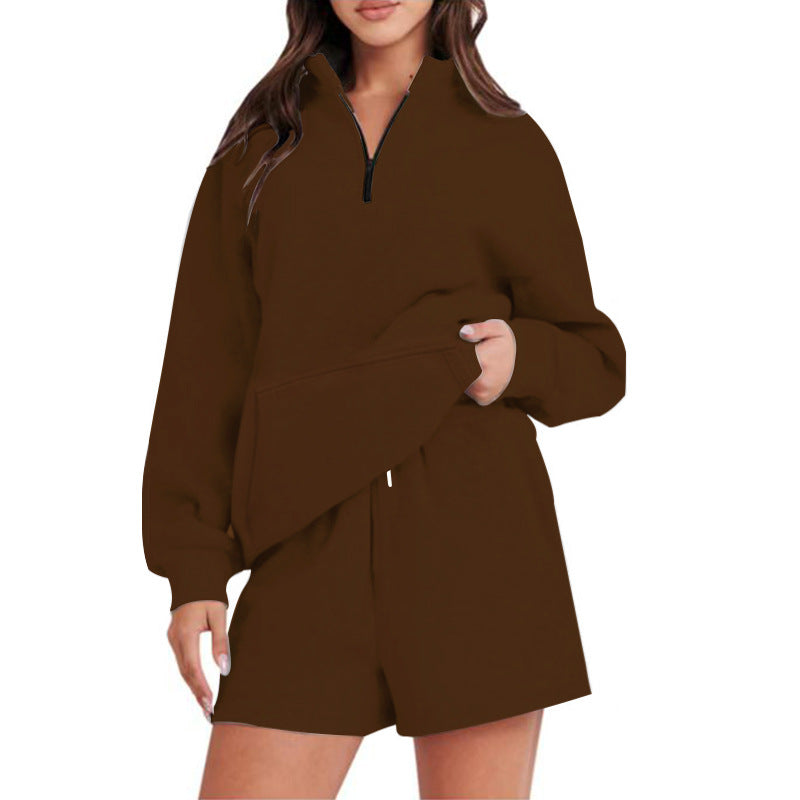 Damen Freizeit-Loungewear-Set mit halbem Reißverschluss und praktischen Taschen Drune