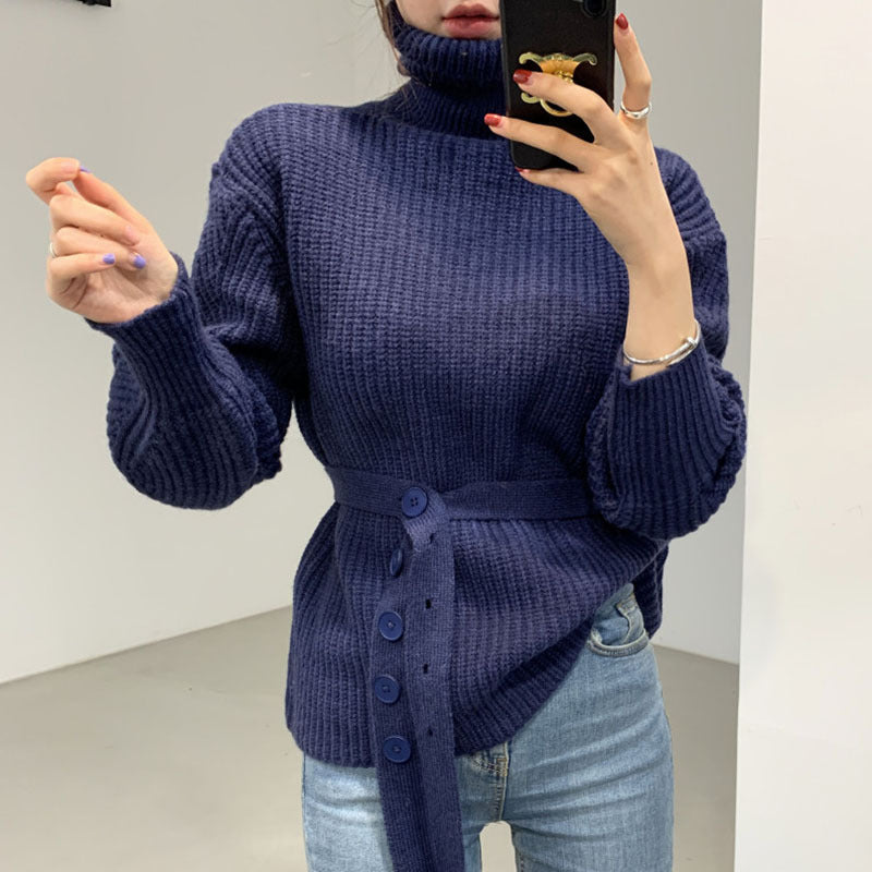 Damen lässiger Strickpullover mit modischem Gürtel Drune