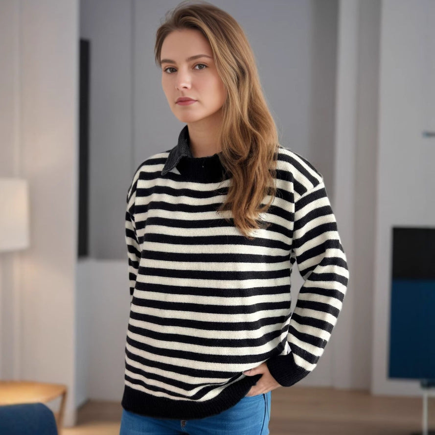 Damen lässiger Pullover mit strukturellem Streifenmuster und modischem Kragen Drune