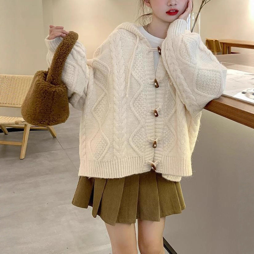 Damen Übergroße Strickjacke mit Kapuze und Zopfmuster Drune