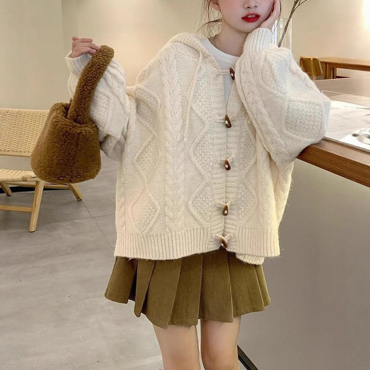 Damen Übergroße Strickjacke mit Kapuze und Zopfmuster Drune