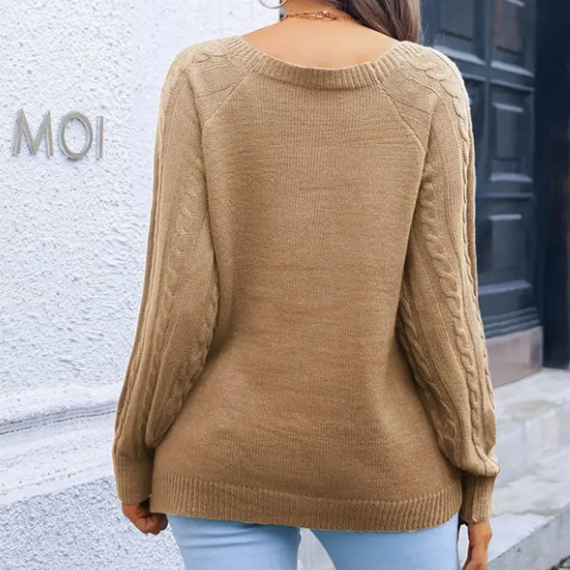 Damen Grobstrickpullover mit dekorativen Knöpfen und modernen Zopfmuster Drune
