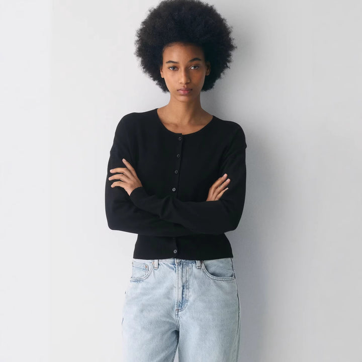 Damen Cropped Strickjacke mit Knopfleiste und Rippstrick Drune